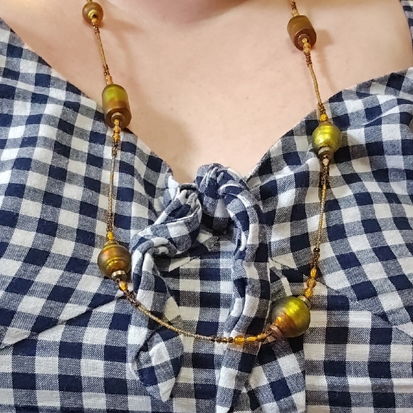 Vintage Glass And Seed Beaded Boho Gold Tone And Brown&Green Necklace💫 - Picture 1 of 4